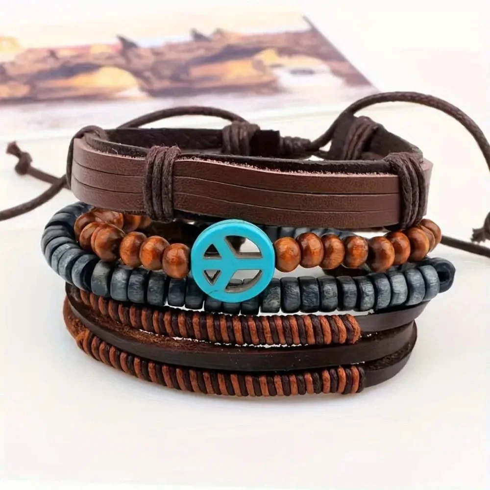 4pc Multi-layer Cool Bracelet,‎ Unisex Wooden Beads PU Leather Braided Bracelet